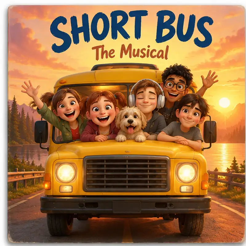 Short Bus album cover: the cast leaning out of a yellow short bus at sunset