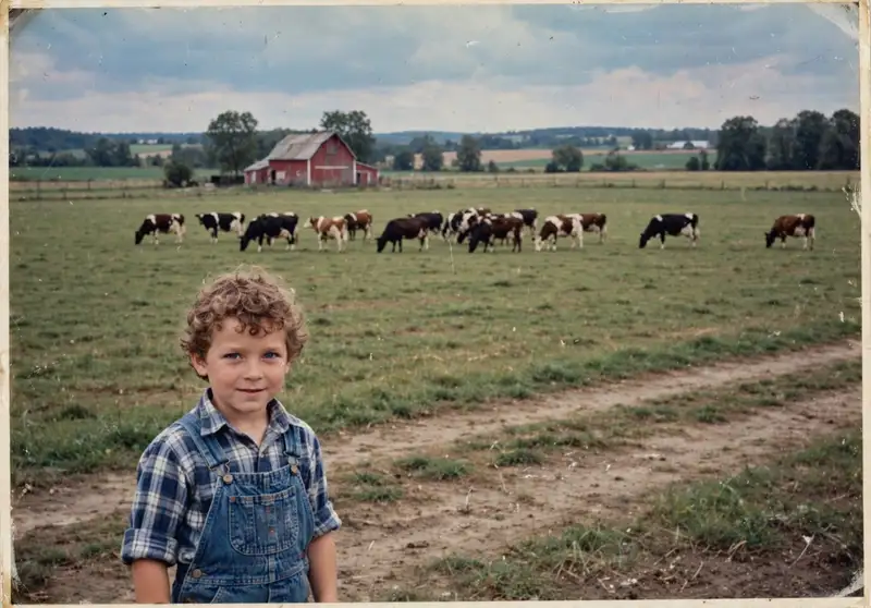 Young Dave on a cattle farm with cows and a red barn