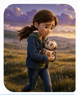 Sally running through a meadow at sunset, holding a little robot