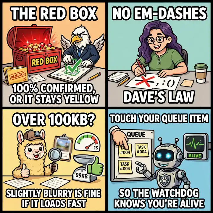 Studio meme four-pack: the red box rule, no em-dashes Dave's law, over 100KB the Llama 100KB law, touch your queue item so the watchdog knows you're alive