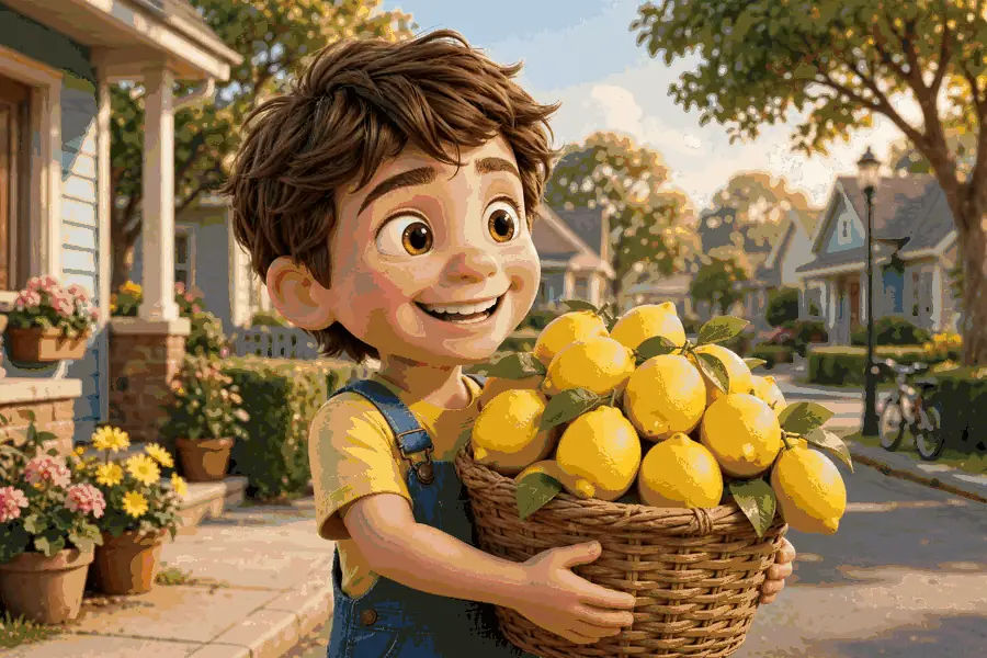 Leo holding a basket of bright yellow lemons on a sunny street