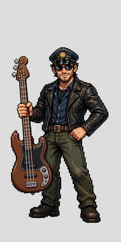 Jaylen Bass as a 16-bit bus driver character with a bass guitar
