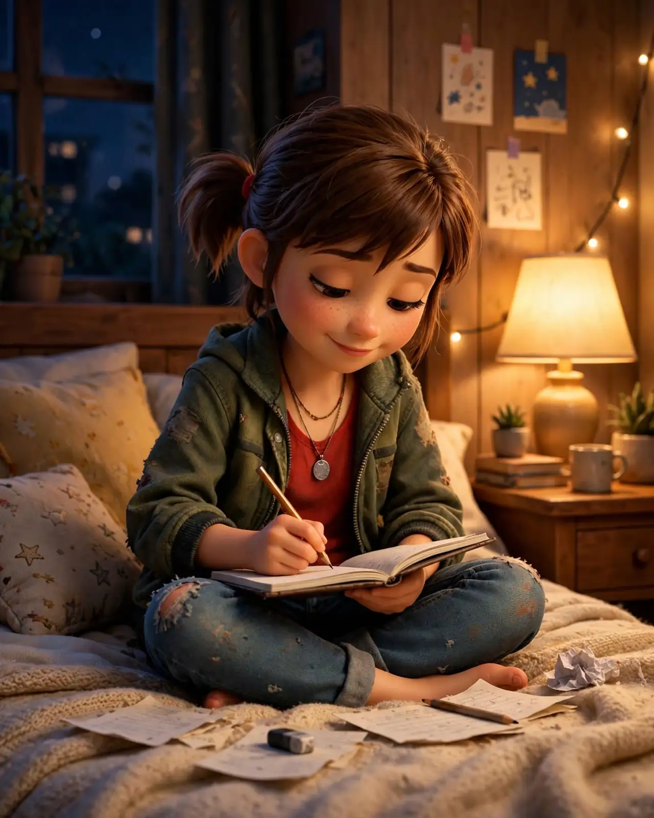 Sally writing lyrics in her notebook on her bed at night