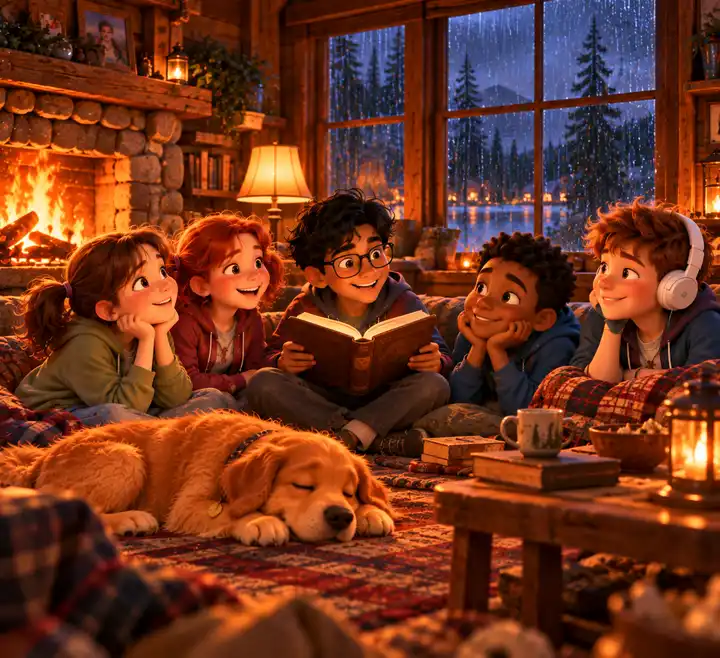The kids gathered around the fireplace in the cabin while rain streaks the windows, Biscuit asleep by the fire