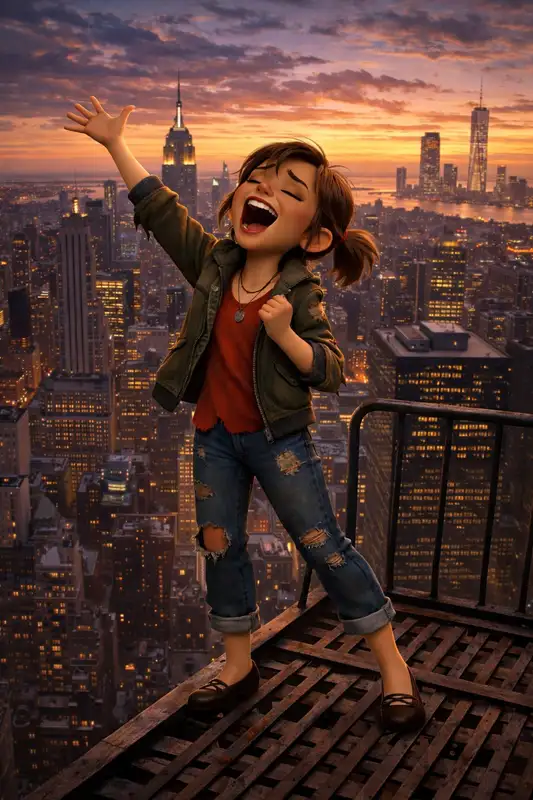 Sally singing on a New York City rooftop at sunset, hand held high