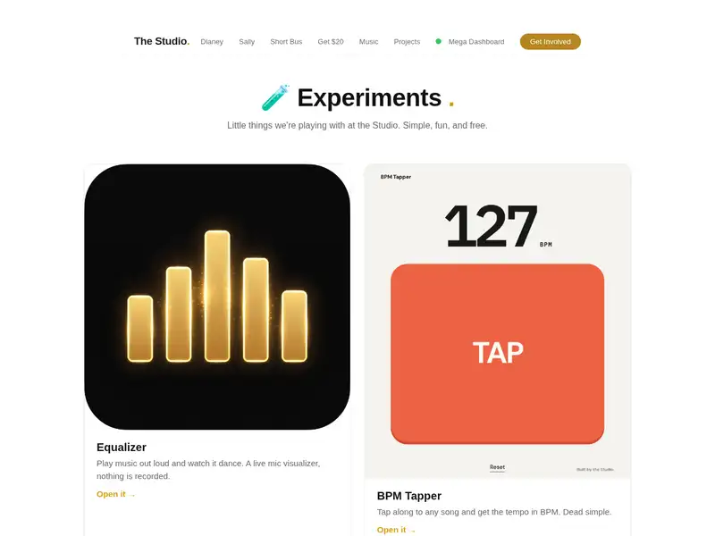 Experiments page from the Website in a Box template